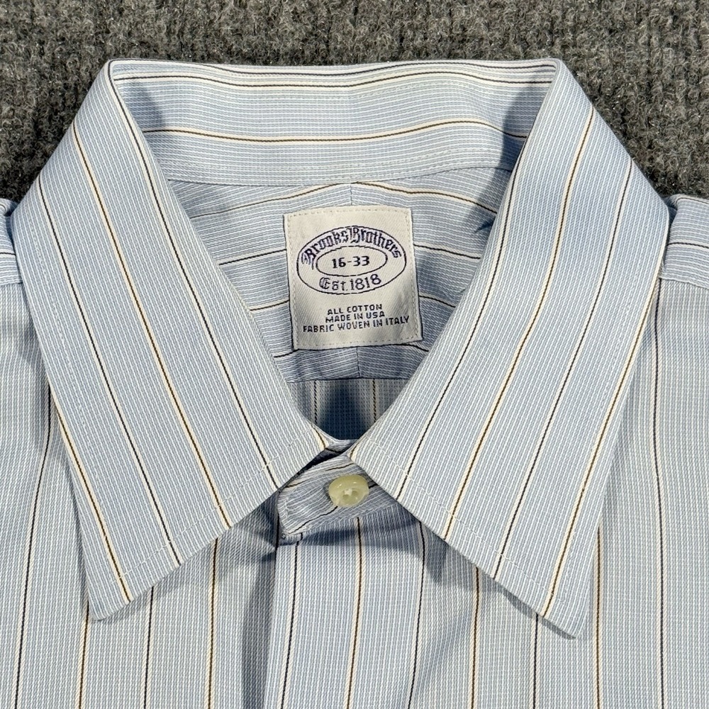 Brooks Brothers Shirt Mens 16 33 Blue Striped Long Sleeve Pocket USA Italy